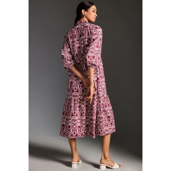 NWT Anthropologie Maeve The Bettina in Wine Bordeaux Ikat Tiered Shirt Dress L - Picture 6 of 12